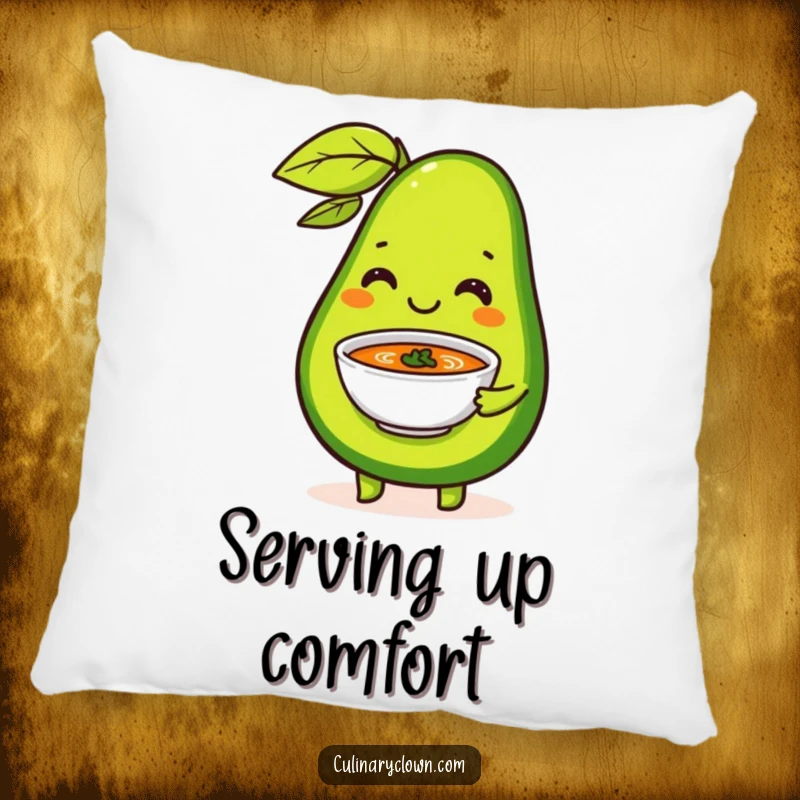 Funny Pillow featuring a happy avocado serving a tiny soup bowl with flair, offering comfort and a healthy dose of humor.