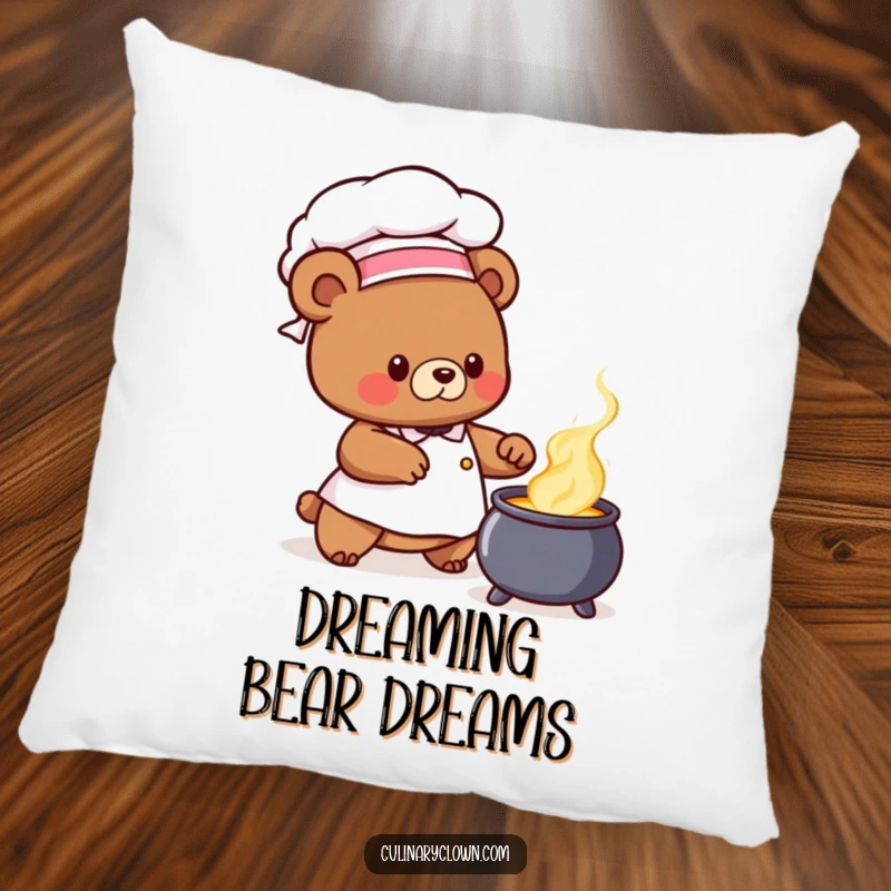 Cute bear chef character stirring a bubbling cauldron, depicted as a soft, comfy funny pillow.