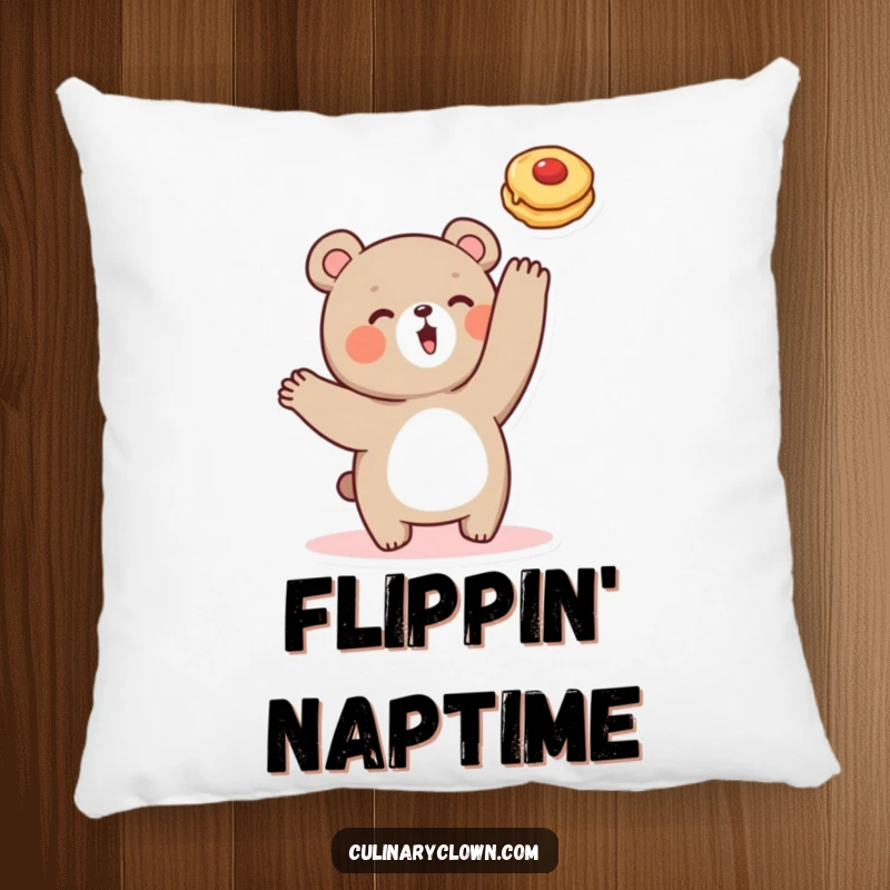 Funny pillow featuring a cute bear character joyfully flipping a pancake, offering comfort and a humorous breakfast scene.