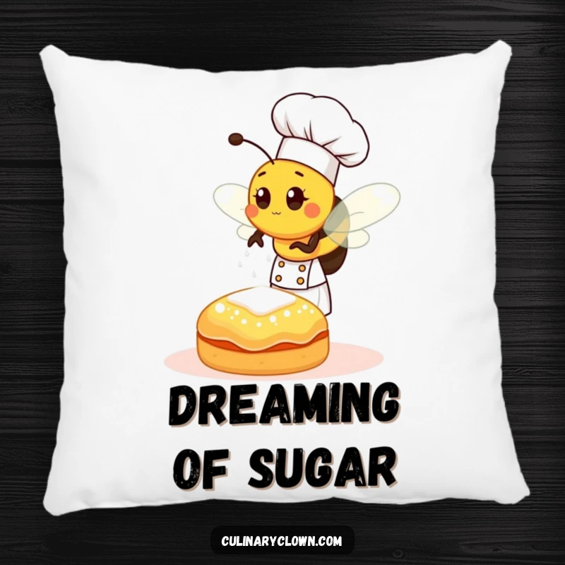 Funny bee chef sprinkling sugar onto a pastry, a soft and humorous accent pillow for sweet comfort.