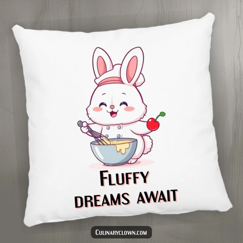 Funny pillow showcasing a fluffy bunny chef whisking batter with a cherry, perfect for cozying up with baking charm.