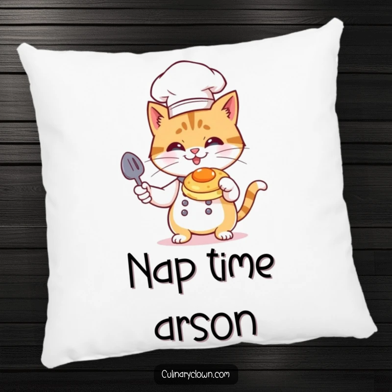 Funny Cat Chef Pillow: A mischievous cat chef flambéing a tiny pancake, adding humor to any decor.