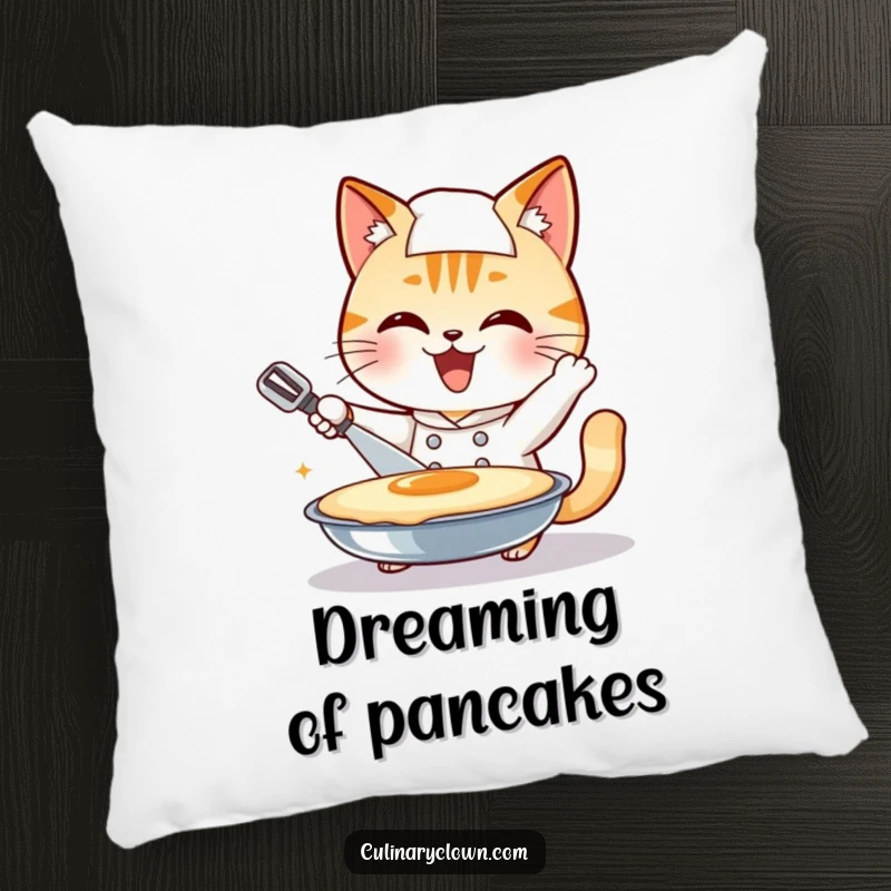 Funny smiling cat chef character attempting a giant pancake flip, depicted as a soft, comfy funny pillow.