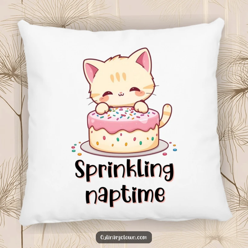 Funny pillow featuring a playful cat character decorating a cake with sprinkles, perfect for a cozy, sweet space.