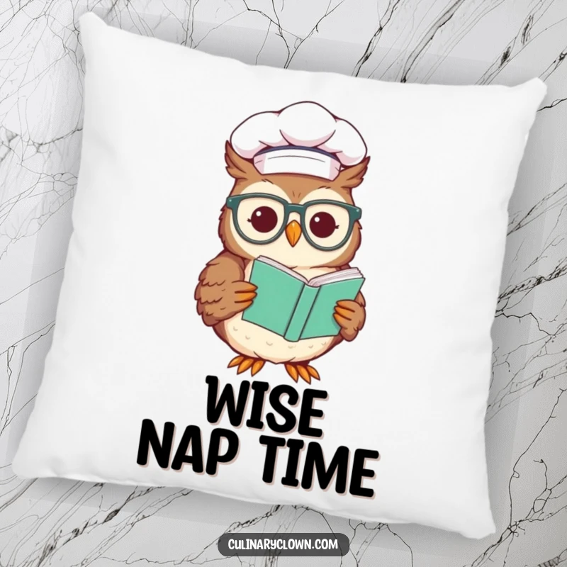 Funny pillow featuring a wise chef owl wearing glasses and reading a recipe, offering comfortable support and humorous decor.