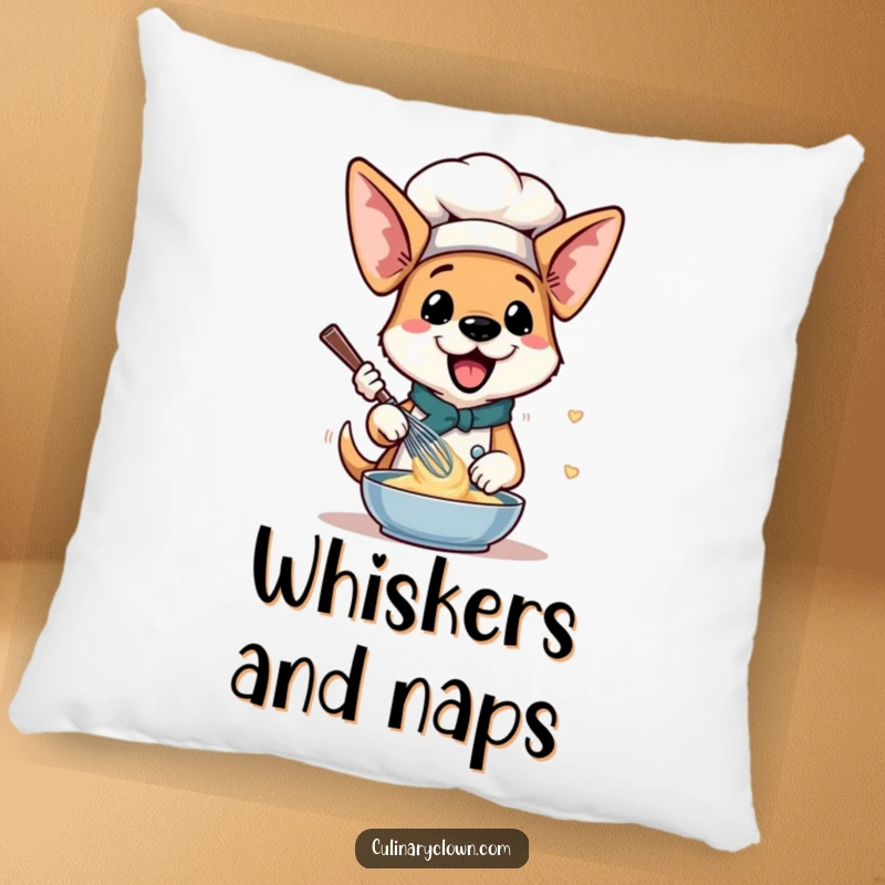 Funny Dog Chef Pillow: A happy dog with floppy ears whisking batter, a cute and funny decor item.