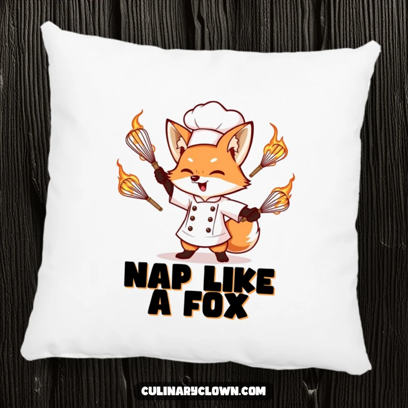 Funny pillow depicting a determined fox chef intensely juggling flaming whisks, bringing warmth and humor to any seating area.