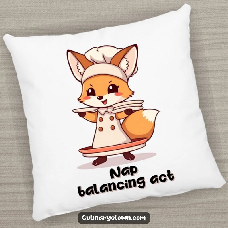 Funny Fox Chef Pillow: A cute fox chef struggles to hold a massive stack of plates, adding funny, whimsical decor to any room.