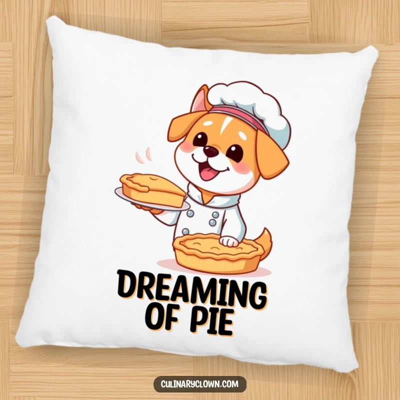 Funny Kawaii Dog Chef Pillow: A soft cushion featuring an excited dog chef presenting a pie, offering comfort and charm.