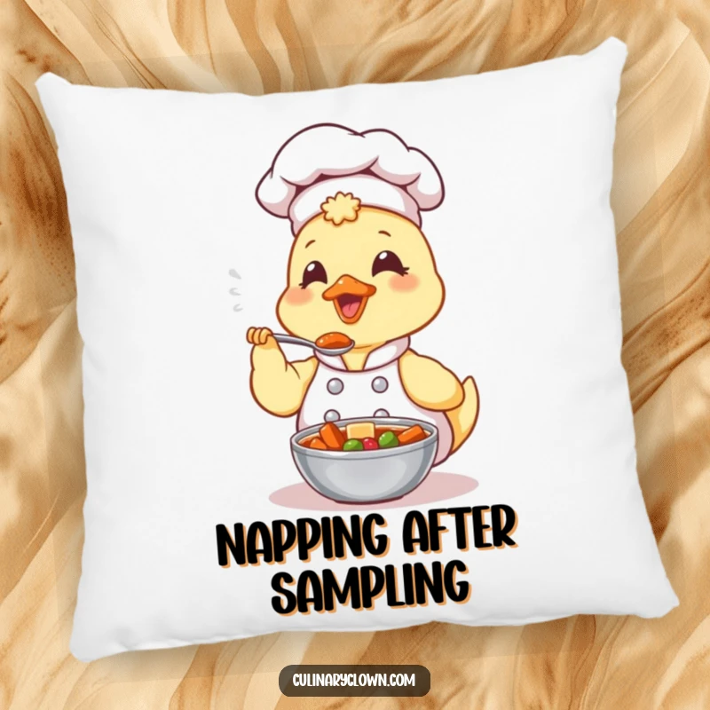 Funny Kawaii Duck Chef Pillow: A cute duck chef happily tasting a spoonful of stew, perfect for adding comfort and charm to a couch.