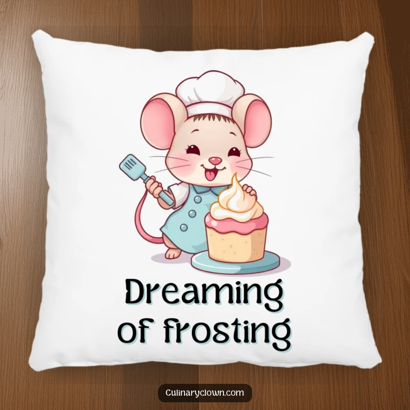 Funny Kawaii Mouse Chef Pillow: Cute mouse chef decorating a cake, bringing cozy sweetness.