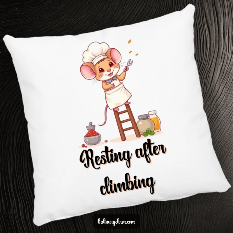 Funny mouse chef pillow featuring a brave mouse in a chef's hat, climbing a ladder towards jars of colorful spices.