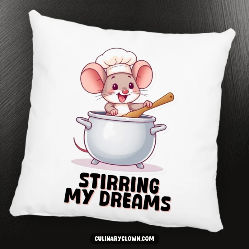 Funny Mouse Chef Pillow: A small mouse energetically stirring a large pot, adding cute and funny decorative flair to soft furnishings.