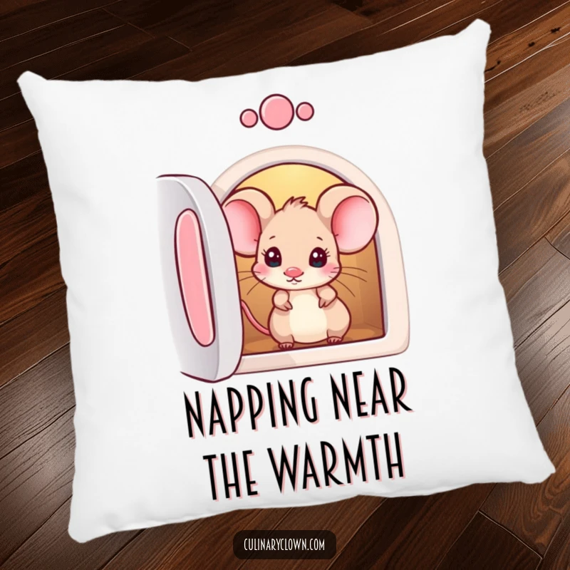 Funny pillow featuring a curious mouse character peeking into an oven, offering cozy comfort and kitchen-themed humor.