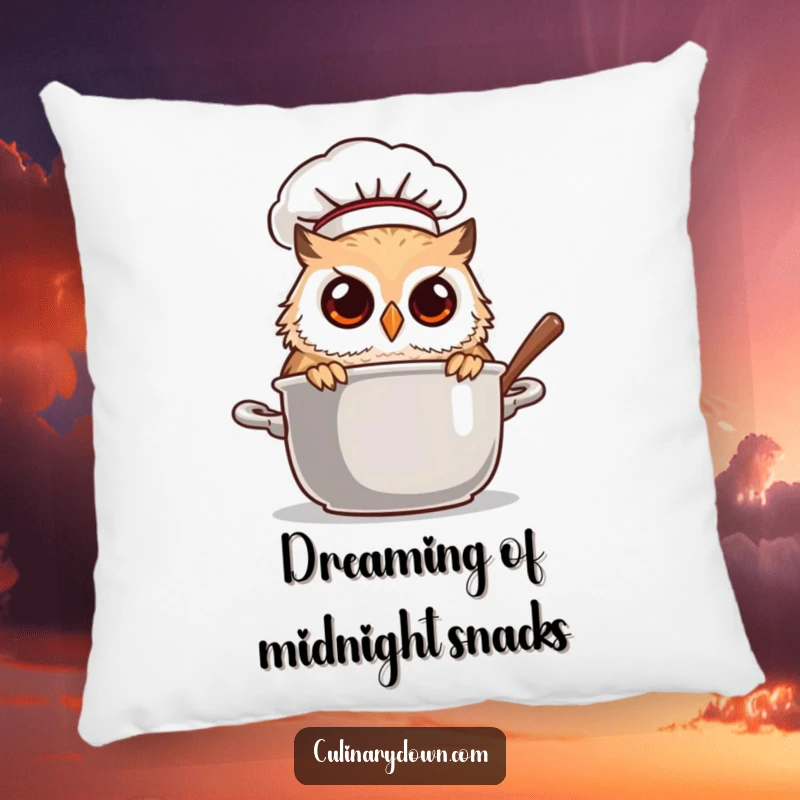 Funny owl chef peeking into a steaming pot, a soft and humorous accent pillow for cozy mystery.