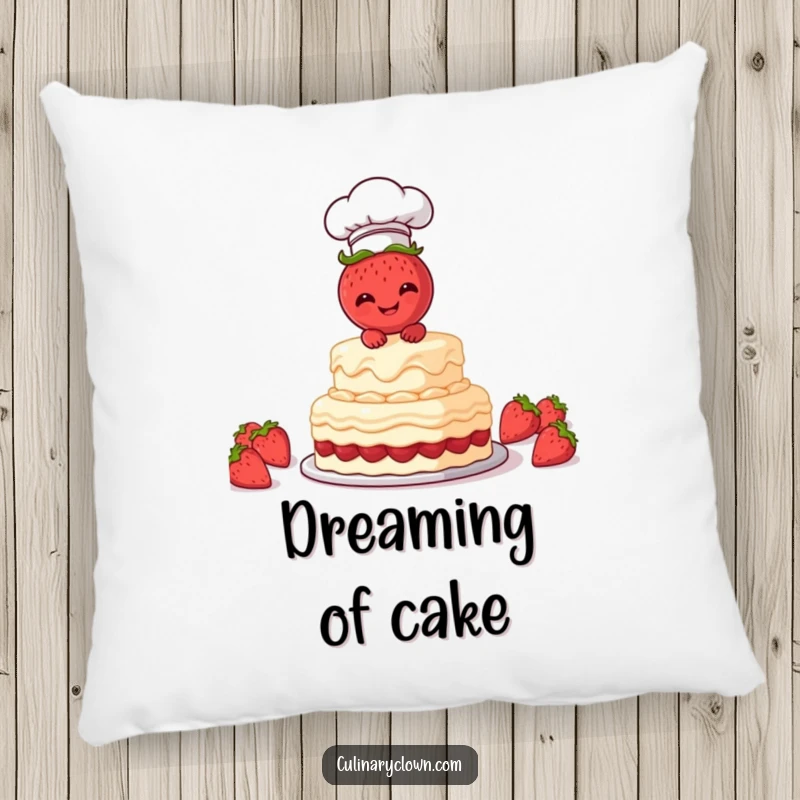 Funny Pillow featuring a happy strawberry chef character frosting a cake, offering soft comfort and baking-themed humor.