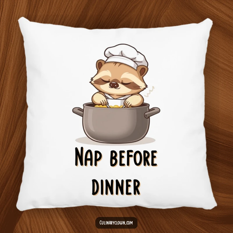 Funny sloth chef pillow featuring a sleepy sloth in a chef's hat, gently stirring a large pot, promoting ultimate relaxation.