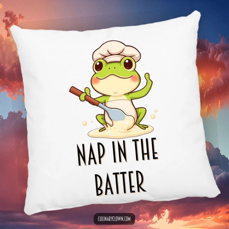 Funny Kawaii Frog Chef Pillow: Cute frog chef in kitchen attire splashing batter, bringing cozy humor.