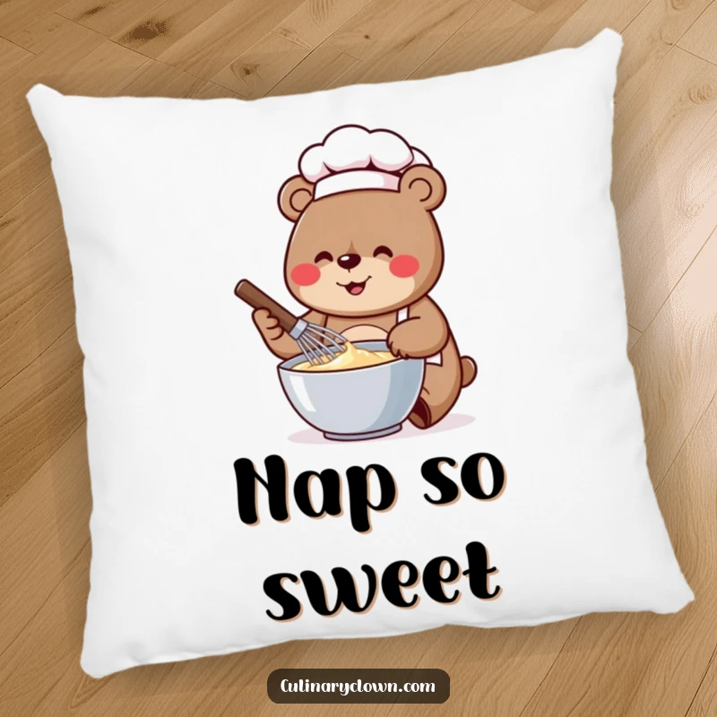 Funny pillow showcasing a cheerful bear chef enthusiastically whisking batter, adding a touch of kitchen comfort.