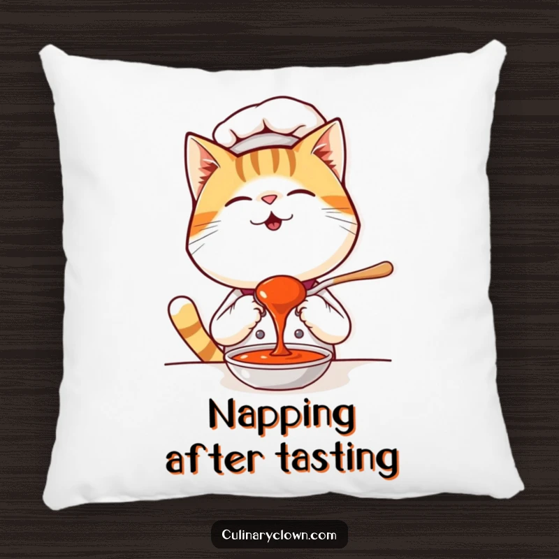 Funny Kawaii Cat Chef Pillow: A soft pillow featuring a giggling cat chef tasting sauce, offering comfort and charm.