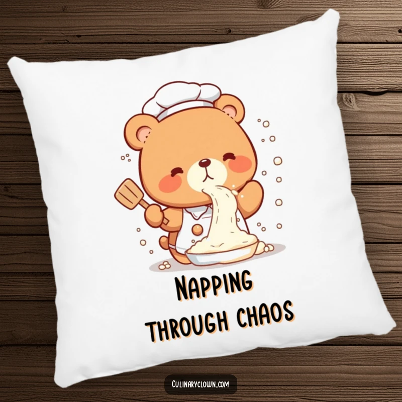 Funny Pillow featuring a cute kawaii bear chef in a comical flour spray, perfect for adding comfort and kitchen whimsy.