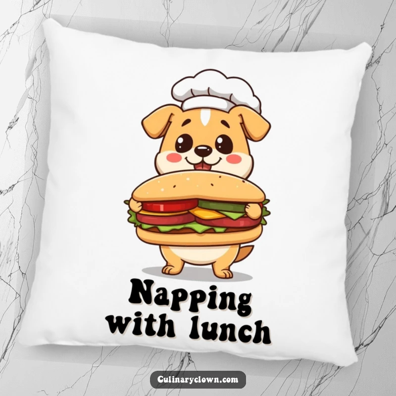 Funny Kawaii Dog Chef Pillow: Cute dog chef proudly presenting a sandwich, bringing cozy kitchen vibes.