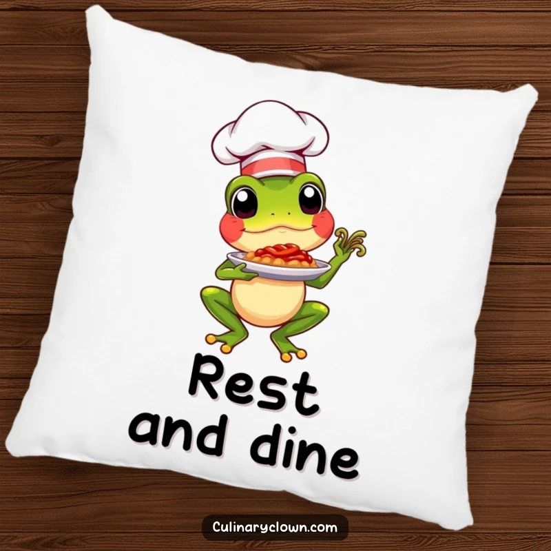 Funny chef frog presenting a fancy dish on a plush pillow, adding humorous and stylish decor.