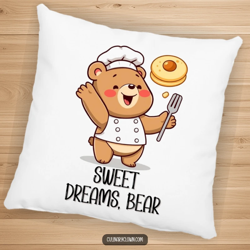 Funny pillow showcasing a happy bear chef playfully tossing a pancake, perfect for cozying up with breakfast charm.