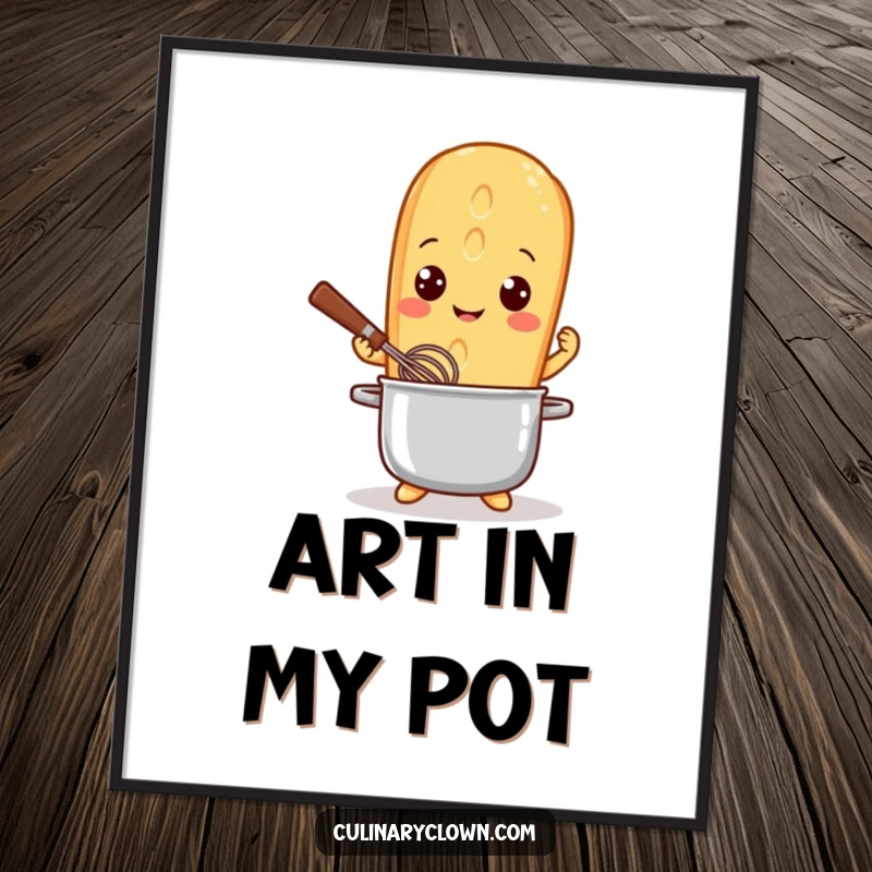 Funny Digital Art Print of a playful baguette character, bright-eyed, whisking a pot, perfect for a humorous kitchen or dining area.
