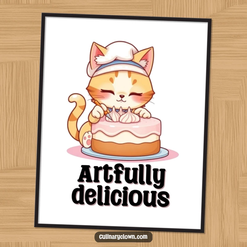 Funny digital art print of a mischievous cat chef meticulously decorating a cake, ready for instant download and display.
