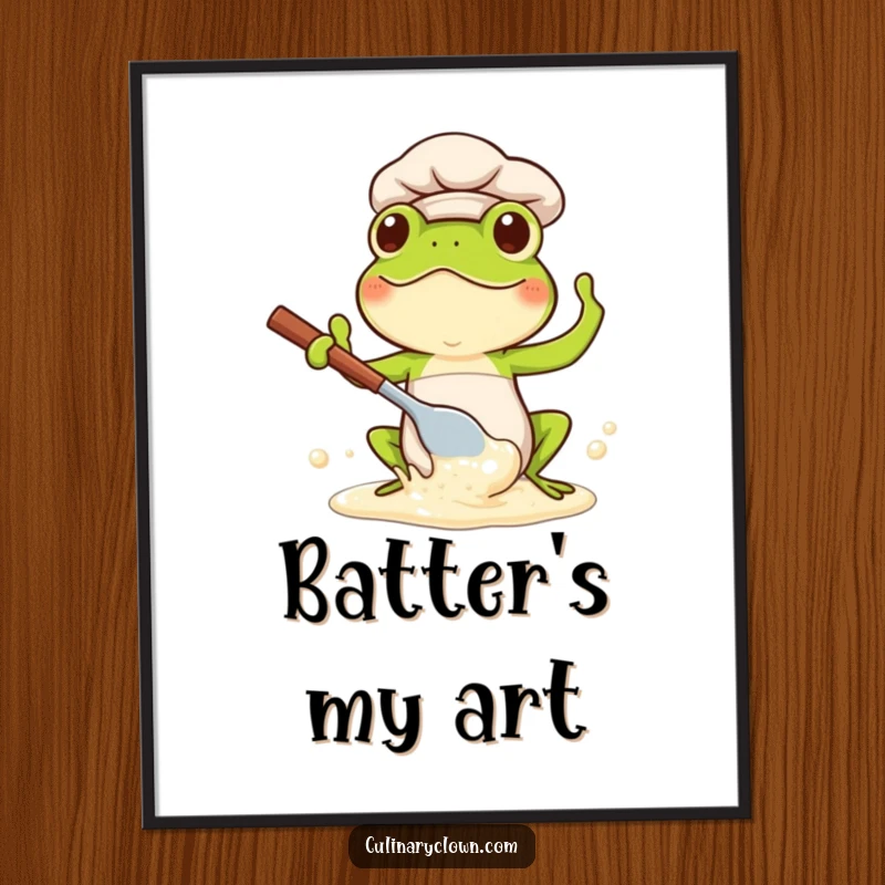 Funny Kawaii Frog Chef Digital Art Print: Cute frog chef illustration splashing batter, perfect for instant decor.