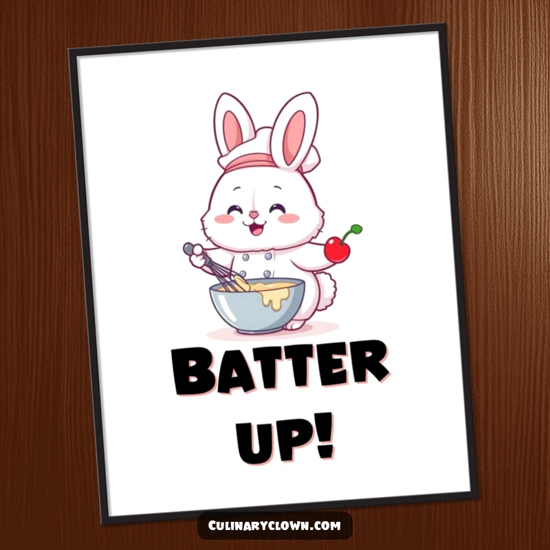 Funny digital art print of a fluffy bunny chef whisking batter with a cherry, bringing sweet baking charm instantly.
