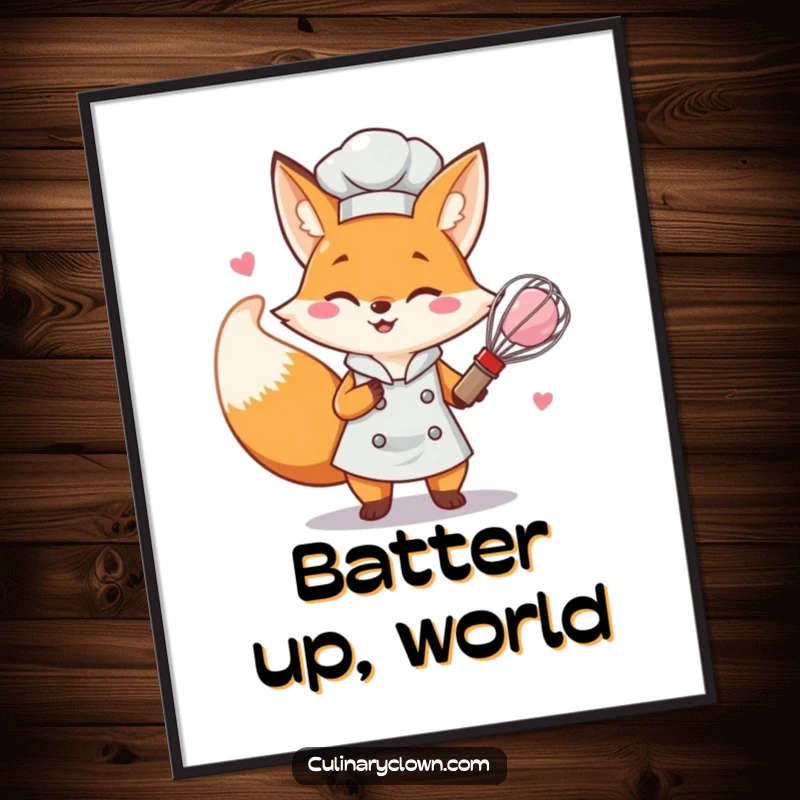 Funny determined fox chef character enthusiastically whisking pink batter, digital art for instant download.