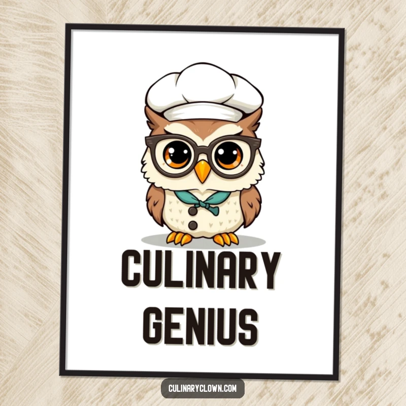 Funny Kawaii Owl Chef Digital Art: A high-resolution image of a cute kawaii owl wearing a chef hat and spectacles precariously on its beak.