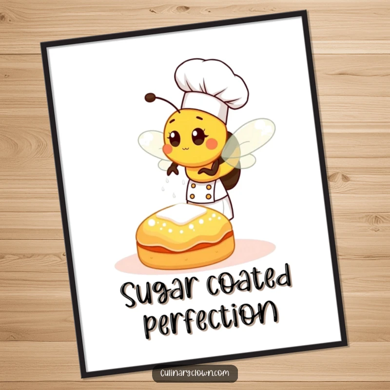 Funny bee chef sprinkling sugar onto a pastry, humorous digital art print, perfect for sweet kitchen decor.