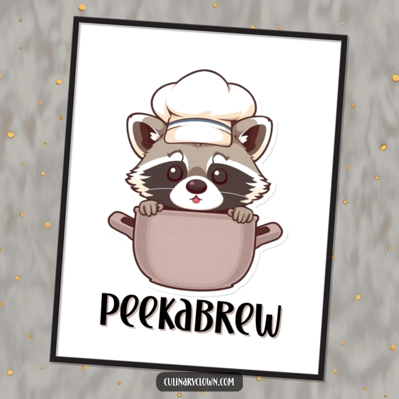 Funny chef raccoon peeking from behind a pot, a high-resolution digital art print for humorous wall decor.