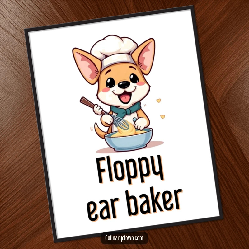 Funny Dog Chef Digital Art: A dog with floppy ears enthusiastically whisking batter, charming printable art.