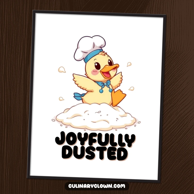 Funny Duck Chef Digital Art: A duck chef joyfully tumbling in a pile of flour, charming printable art.