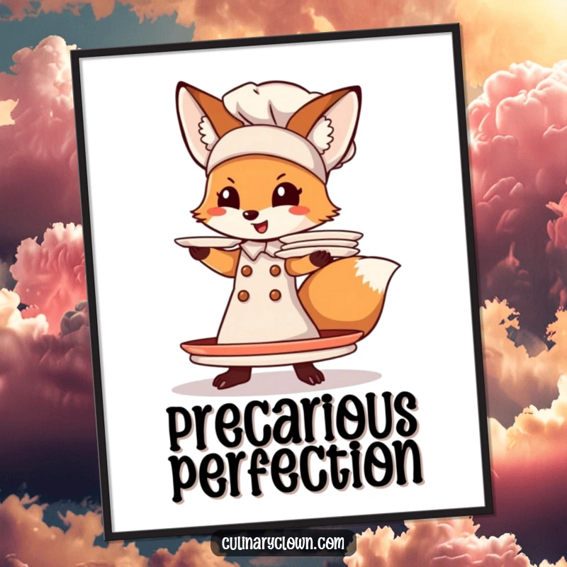 Funny Fox Chef Digital Art Print: A comical fox balancing a stack of plates, ideal for instant, humorous kitchen or dining room decor.