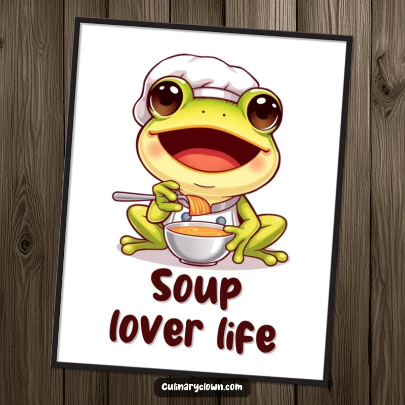 Funny frog chef digital art print of a happy frog in chef attire, joyfully tasting a spoonful of soup.