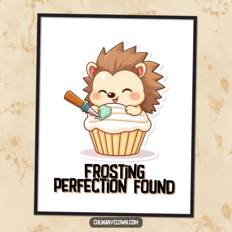 Funny digital art of a smiling hedgehog expertly frosting a cupcake with a focused and cheerful expression.