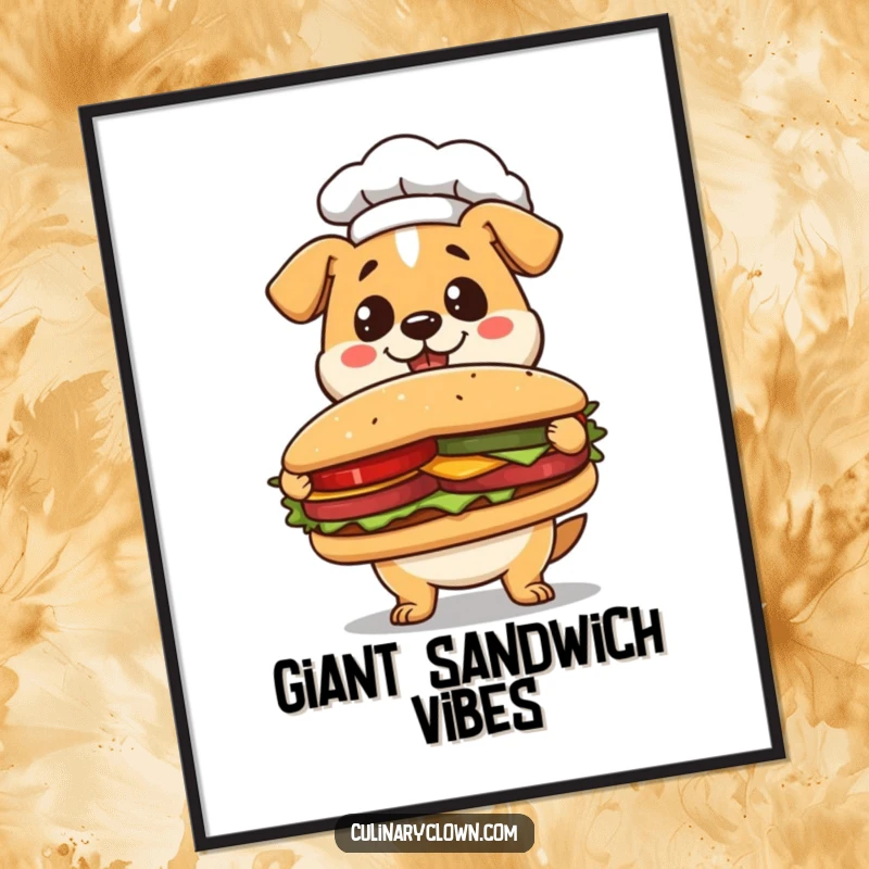 Funny Kawaii Dog Chef Digital Art Print: Cute dog chef illustration presenting a sandwich, perfect for decor.
