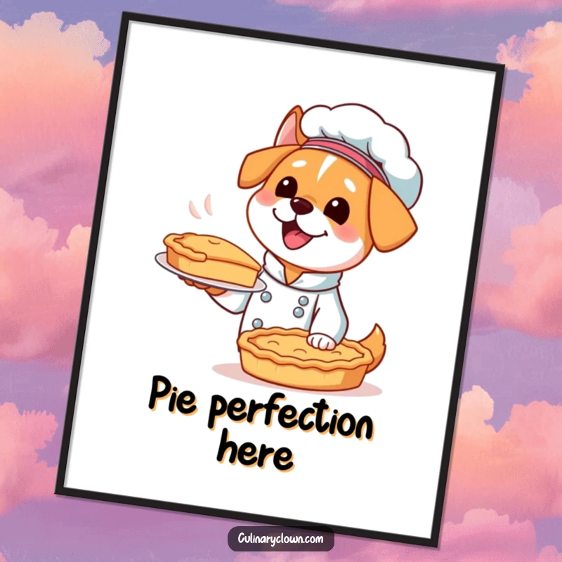 Funny Kawaii Dog Chef Digital Art Print: A downloadable image of an excited dog chef presenting a pie, bringing baking joy.