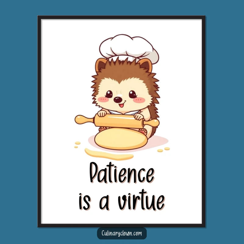 Funny Kawaii Hedgehog Chef Digital Art: Adorable Rolling Pin Print, Instant Funny Gift Download