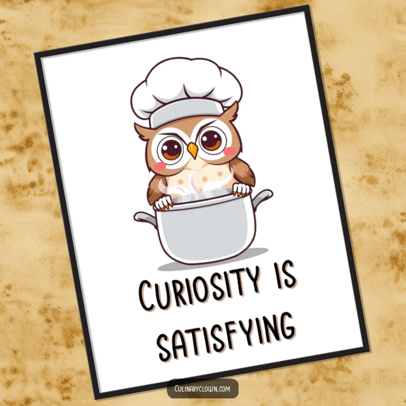 Funny Kawaii Owl Chef Digital Art Print: High-resolution printable of a cute cartoon owl chef with curious eyes peeking over a steaming pot.