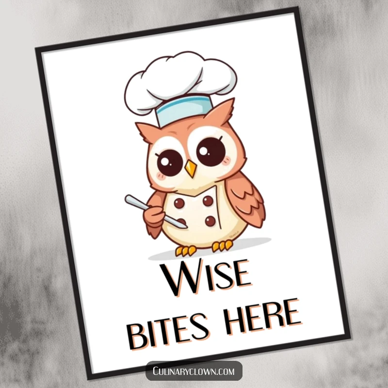 Funny Kawaii Owl Chef Digital Art Print: Cute owl chef illustration, ideal for immediate wall art.