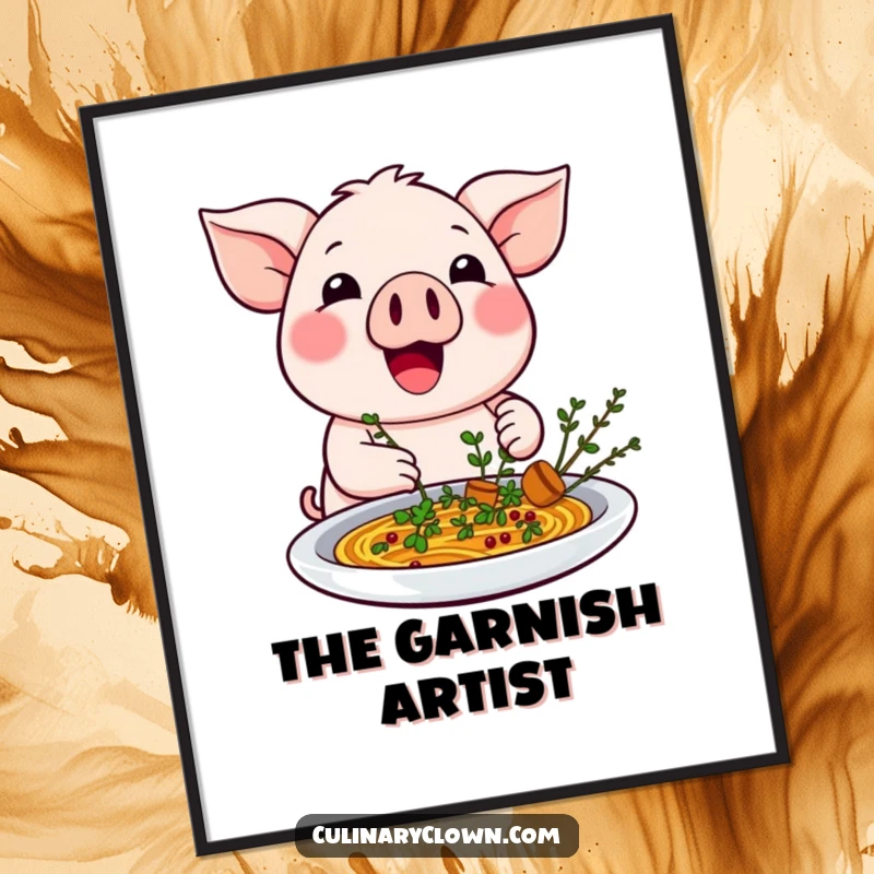 Funny kawaii pig character excitedly garnishing a dish, available as a downloadable digital art print.