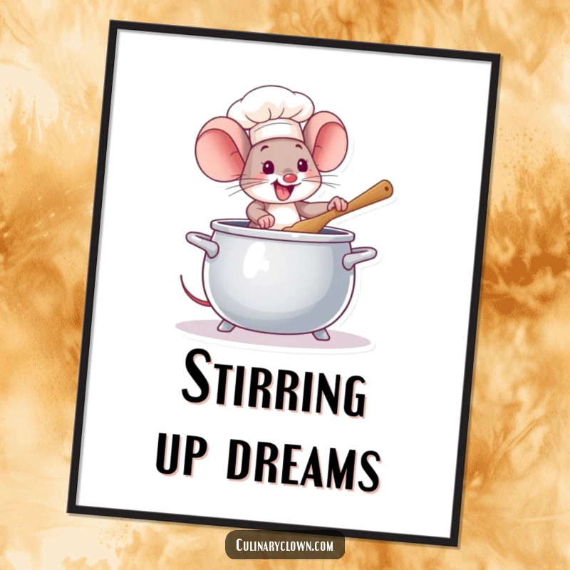 Funny Mouse Chef Digital Art Print: An energetic mouse stirring a huge pot, perfect for instant, charming, and humorous kitchen wall decor.