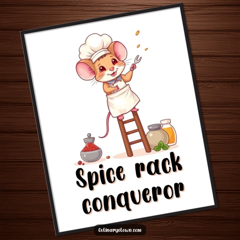 Funny mouse chef digital art print of a determined mouse in chef attire, climbing a ladder to reach a high shelf of spices.
