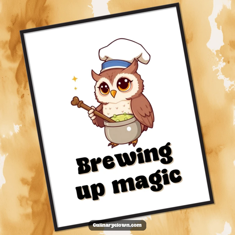 Funny Digital Art Print of a curious owl chef stirring a bubbling potion with a wooden spoon, a magical and humorous piece.